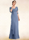 Julia A-Line V-neck Floor-Length Chiffon Lace Mother of the Bride Dress With Cascading Ruffles STK126P0014609