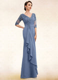 Julia A-Line V-neck Floor-Length Chiffon Lace Mother of the Bride Dress With Cascading Ruffles STK126P0014609