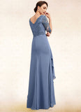 Julia A-Line V-neck Floor-Length Chiffon Lace Mother of the Bride Dress With Cascading Ruffles STK126P0014609