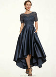 Carly A-Line Scoop Neck Asymmetrical Satin Lace Mother of the Bride Dress With Pockets STK126P0014613