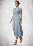 Sadie A-Line Scoop Neck Tea-Length Chiffon Lace Mother of the Bride Dress With Ruffle STK126P0014616