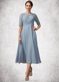 Sadie A-Line Scoop Neck Tea-Length Chiffon Lace Mother of the Bride Dress With Ruffle STK126P0014616