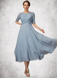 Sadie A-Line Scoop Neck Tea-Length Chiffon Lace Mother of the Bride Dress With Ruffle STK126P0014616