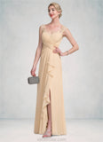 Ellie A-Line V-neck Floor-Length Chiffon Lace Mother of the Bride Dress With Split Front Cascading Ruffles STK126P0014619