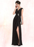 Sarah A-Line V-neck Floor-Length Chiffon Mother of the Bride Dress With Beading Split Front Cascading Ruffles STK126P0014623