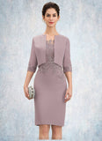 Ella Sheath/Column Scoop Neck Knee-Length Chiffon Lace Mother of the Bride Dress STK126P0014624