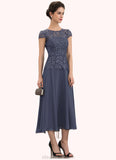 Deborah A-Line Scoop Neck Tea-Length Chiffon Lace Mother of the Bride Dress STK126P0014627