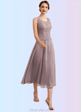 Gladys A-Line Scoop Neck Tea-Length Chiffon Lace Mother of the Bride Dress STK126P0014633