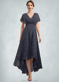 Layla A-Line V-neck Asymmetrical Chiffon Lace Mother of the Bride Dress With Ruffle STK126P0014638