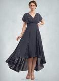 Layla A-Line V-neck Asymmetrical Chiffon Lace Mother of the Bride Dress With Ruffle STK126P0014638