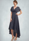 Layla A-Line V-neck Asymmetrical Chiffon Lace Mother of the Bride Dress With Ruffle STK126P0014638