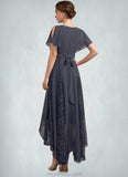 Layla A-Line V-neck Asymmetrical Chiffon Lace Mother of the Bride Dress With Ruffle STK126P0014638