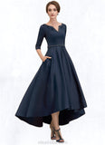 Madeline A-Line V-neck Asymmetrical Satin Mother of the Bride Dress With Beading Sequins Pockets STK126P0014641