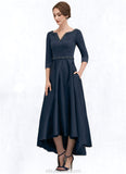 Madeline A-Line V-neck Asymmetrical Satin Mother of the Bride Dress With Beading Sequins Pockets STK126P0014641