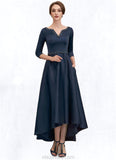 Madeline A-Line V-neck Asymmetrical Satin Mother of the Bride Dress With Beading Sequins Pockets STK126P0014641