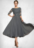 Hilary A-Line Scoop Neck Tea-Length Chiffon Lace Mother of the Bride Dress With Sequins STK126P0014642