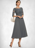 Hilary A-Line Scoop Neck Tea-Length Chiffon Lace Mother of the Bride Dress With Sequins STK126P0014642