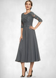 Hilary A-Line Scoop Neck Tea-Length Chiffon Lace Mother of the Bride Dress With Sequins STK126P0014642