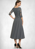 Hilary A-Line Scoop Neck Tea-Length Chiffon Lace Mother of the Bride Dress With Sequins STK126P0014642