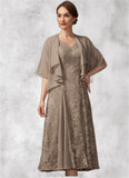 Daphne A-line V-Neck Tea-Length Chiffon Lace Mother of the Bride Dress STK126P0014644