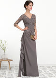 Nicole A-line V-Neck Floor-Length Chiffon Lace Mother of the Bride Dress With Cascading Ruffles STK126P0014645