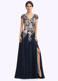 Taryn A-Line V-neck Floor-Length Chiffon Lace Mother of the Bride Dress With Split Front STK126P0014649