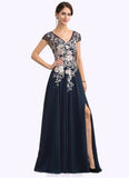 Taryn A-Line V-neck Floor-Length Chiffon Lace Mother of the Bride Dress With Split Front STK126P0014649