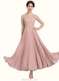 Rachael A-Line Scoop Neck Ankle-Length Chiffon Lace Mother of the Bride Dress With Pleated STK126P0014651