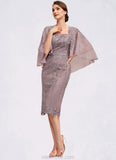 Amina Sheath/Column Square Neckline Knee-Length Chiffon Lace Mother of the Bride Dress With Sequins STK126P0014653