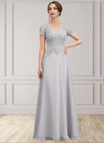 Christina A-line V-Neck Floor-Length Chiffon Lace Mother of the Bride Dress With Sequins STK126P0014658