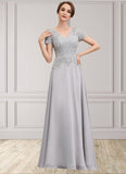 Christina A-line V-Neck Floor-Length Chiffon Lace Mother of the Bride Dress With Sequins STK126P0014658