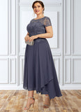 Mabel A-Line Scoop Neck Asymmetrical Chiffon Lace Mother of the Bride Dress With Sequins STK126P0014667