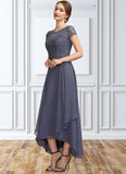 Mabel A-Line Scoop Neck Asymmetrical Chiffon Lace Mother of the Bride Dress With Sequins STK126P0014667