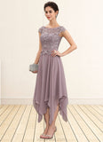 Olivia A-Line Scoop Neck Ankle-Length Chiffon Lace Mother of the Bride Dress With Cascading Ruffles STK126P0014673