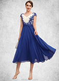 Mareli A-Line V-neck Tea-Length Chiffon Mother of the Bride Dress With Ruffle Lace STK126P0014677