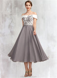 Deborah A-Line Off-the-Shoulder Tea-Length Chiffon Lace Mother of the Bride Dress STK126P0014680