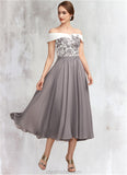 Deborah A-Line Off-the-Shoulder Tea-Length Chiffon Lace Mother of the Bride Dress STK126P0014680