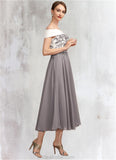 Deborah A-Line Off-the-Shoulder Tea-Length Chiffon Lace Mother of the Bride Dress STK126P0014680