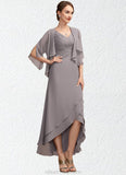 Angie A-Line V-neck Asymmetrical Chiffon Mother of the Bride Dress With Ruffle STK126P0014682