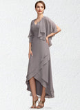 Angie A-Line V-neck Asymmetrical Chiffon Mother of the Bride Dress With Ruffle STK126P0014682