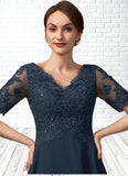 Melissa A-line V-Neck Asymmetrical Chiffon Lace Mother of the Bride Dress With Sequins STK126P0014686