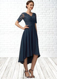 Melissa A-line V-Neck Asymmetrical Chiffon Lace Mother of the Bride Dress With Sequins STK126P0014686