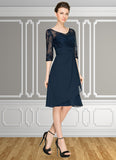 Gill A-Line V-neck Knee-Length Chiffon Lace Mother of the Bride Dress With Cascading Ruffles STK126P0014695