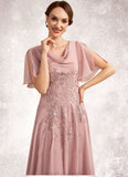 Cornelia A-Line Cowl Neck Ankle-Length Chiffon Lace Mother of the Bride Dress STK126P0014696