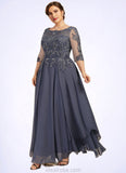 Cali A-Line Scoop Neck Ankle-Length Chiffon Lace Mother of the Bride Dress With Cascading Ruffles STK126P0014698