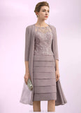 Jimena Sheath/Column Scoop Neck Knee-Length Chiffon Lace Mother of the Bride Dress With Beading Sequins STK126P0014699