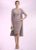 Jimena Sheath/Column Scoop Neck Knee-Length Chiffon Lace Mother of the Bride Dress With Beading Sequins STK126P0014699