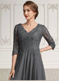 Savannah A-line V-Neck Tea-Length Chiffon Lace Mother of the Bride Dress With Beading Sequins STK126P0014702