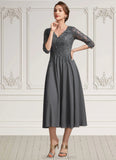 Savannah A-line V-Neck Tea-Length Chiffon Lace Mother of the Bride Dress With Beading Sequins STK126P0014702