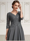 Savannah A-line V-Neck Tea-Length Chiffon Lace Mother of the Bride Dress With Beading Sequins STK126P0014702